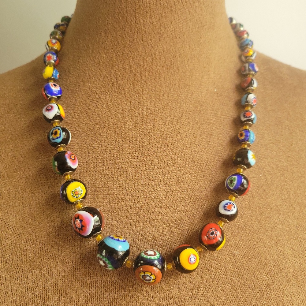 Vintage Millefiori Murano Glass Bead Necklace Multi Color 20 Inch Whimsigoth